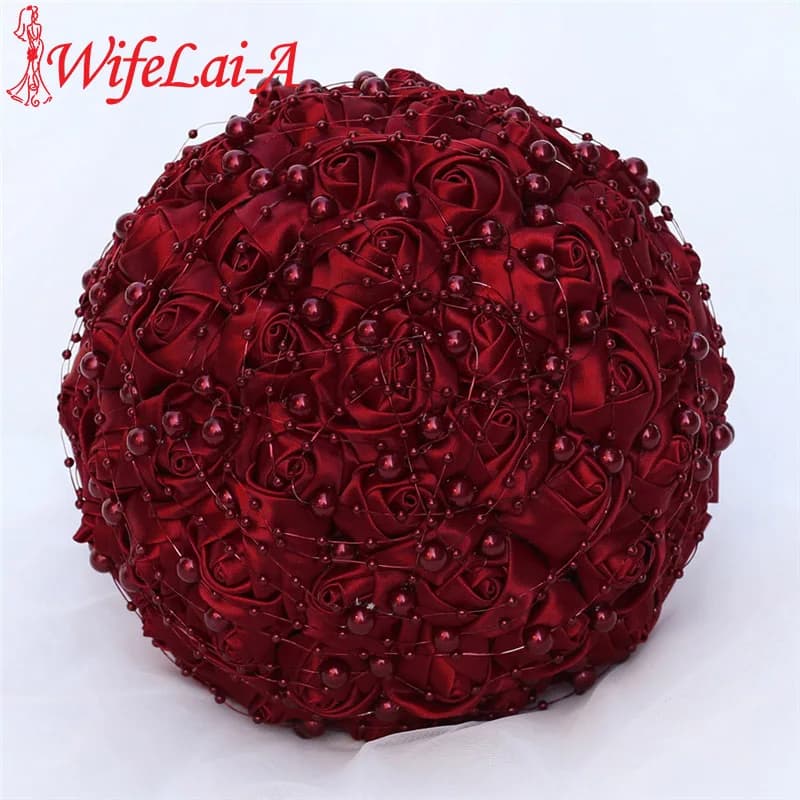 WifeLai-A Beautiful Pearl Beaded Bride 's Bouquet Dark Red Silk Rose Bridal Bridesmaid Holding Flowers Bouquet de noiva W3018A