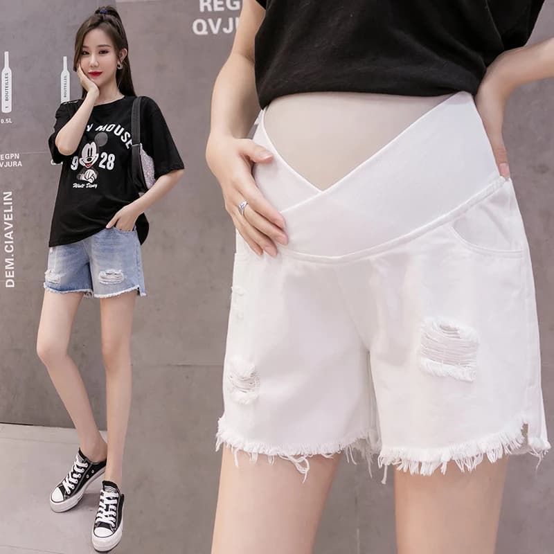 Denim Fashion Maternity Shorts Summer Pregnancy Cotton  Slim Tight Hole  Elastic  Pants  Jeans Clothes