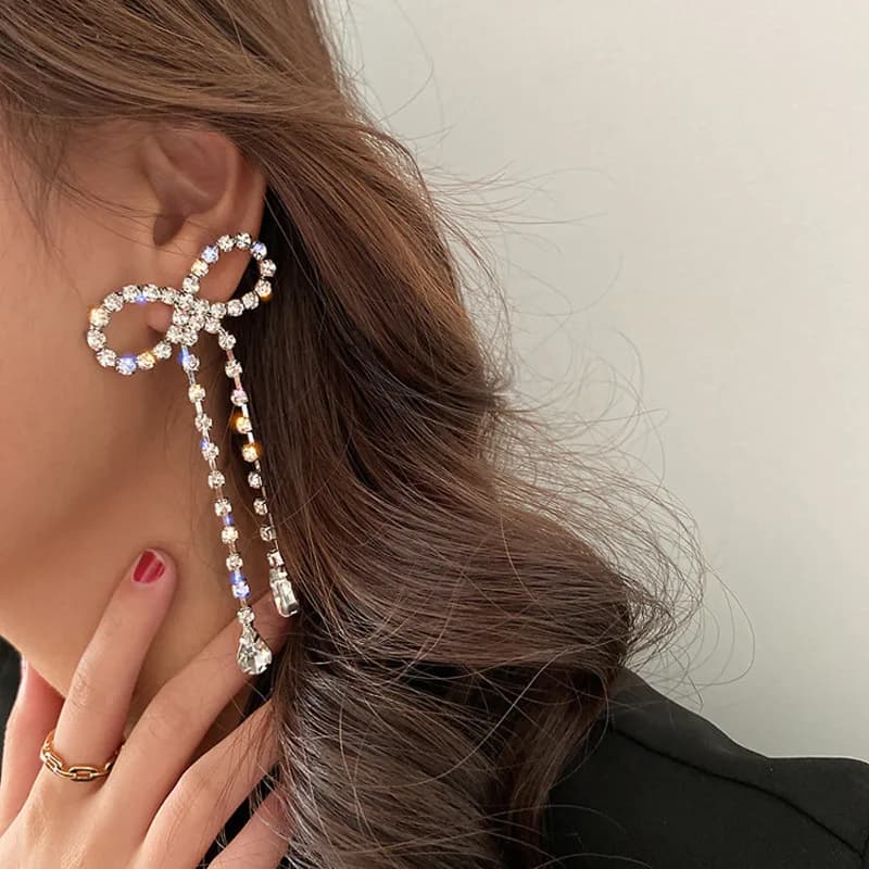 FYUAN Big Bowknot Crystal Drop Earrings for Women Geometric Long Tassel Rhinestone Earrings Statement Jewelry