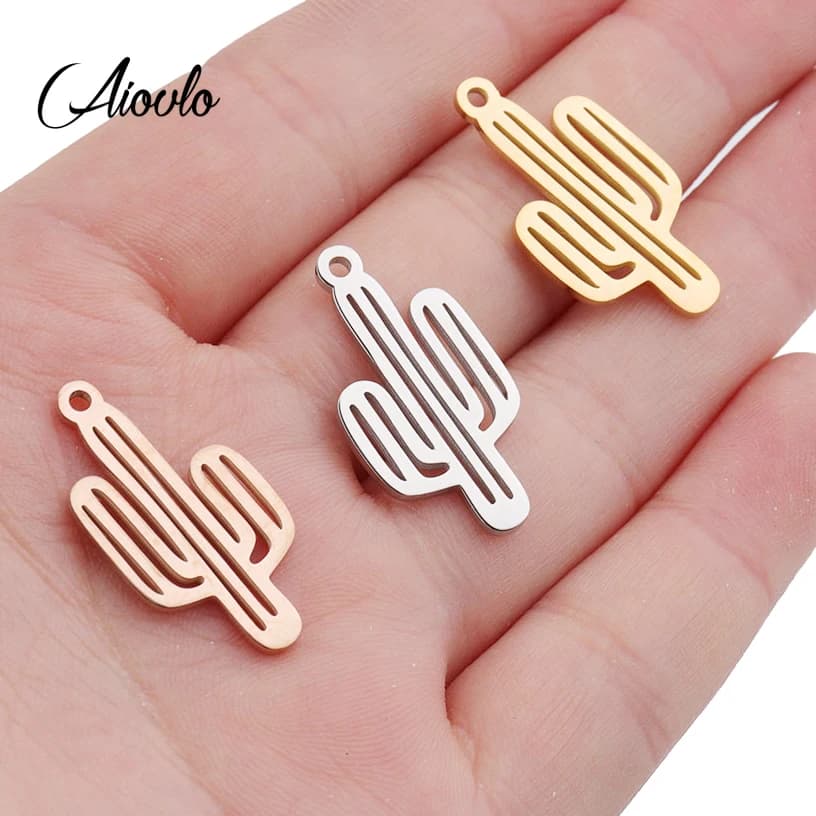 Aiovlo 5pcs Stainless Steel Hollow Cute Cactus Charms Pendant DIY Necklace Charm Jewelry Making Findings Accessories Supplies