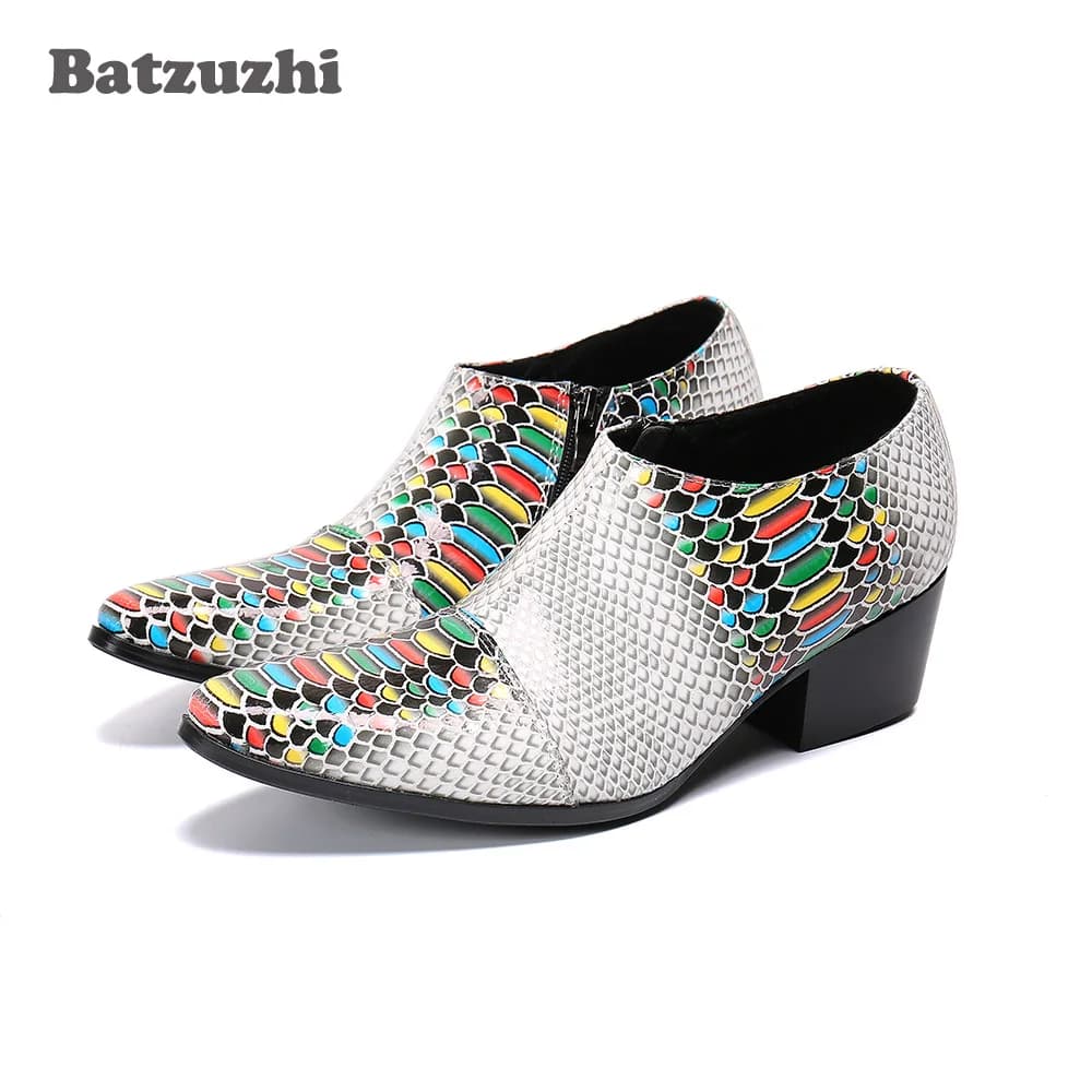 Batzuzhi 6.5cm High Heel Men's Leather Dress Shoes Zip Ankle Leather Shoes Pointed Toe Color Business, Party and Wedding Chaussu