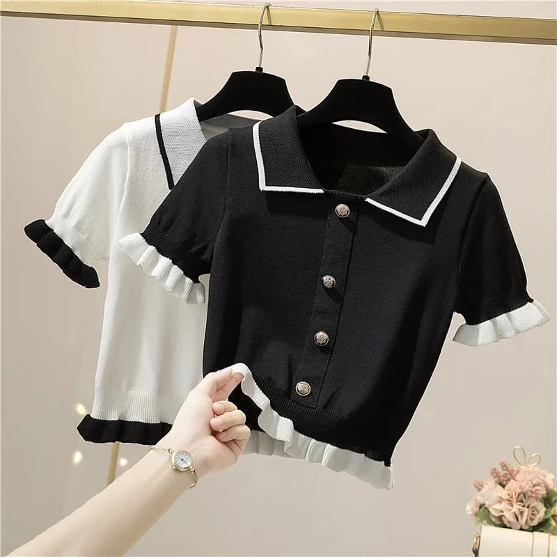 Knitting Button Short Tops Tees Patchwork Y2k Shirt Clothing Women Pullovers Jumper Striped Sweater Fungus Blouse For Girls