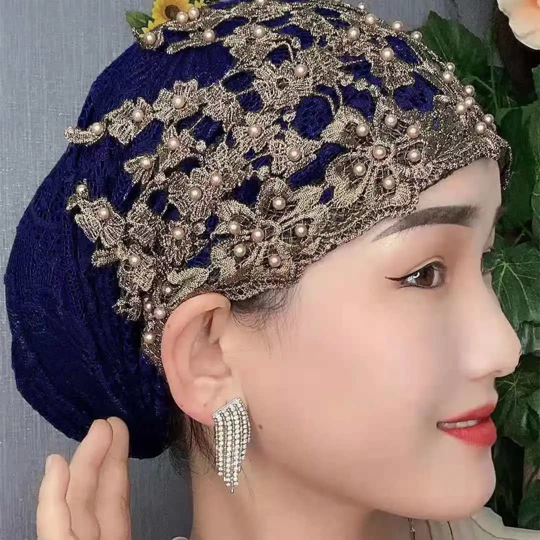 Breathable Lace Beading Turban Hat Summer Female Head Wraps Caps Muslim Women Headscarf Bonnet Ready to Wear Inner Hijabs