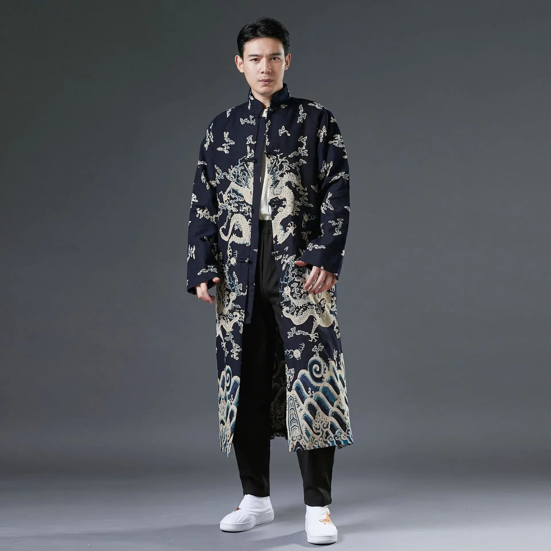 Chinese Style Retro Button Robe Gown Men Print Dragon Cotton Linen Tang Tops Casual Mandarin Collar Shirt Harajuku Kimono Coat