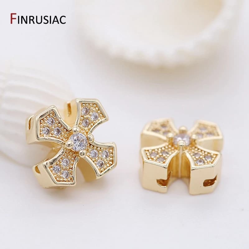High Quality Brass Metal Insert Zircon Rhinestone 14K Gold Plated Cross Beads Accessories For DIY Jewelry Making