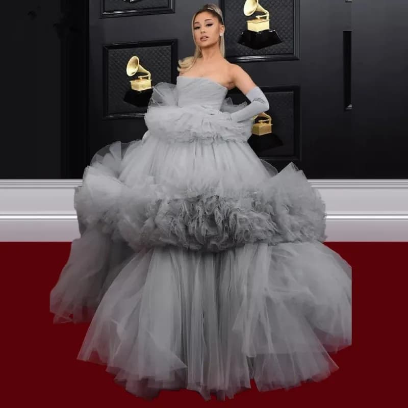 Gray Celebrity Party Dresses Elegant Tiered Tulle Arabic Evening Dress Fashion Strapless Formal Prom Dresses Dubai Women 2023