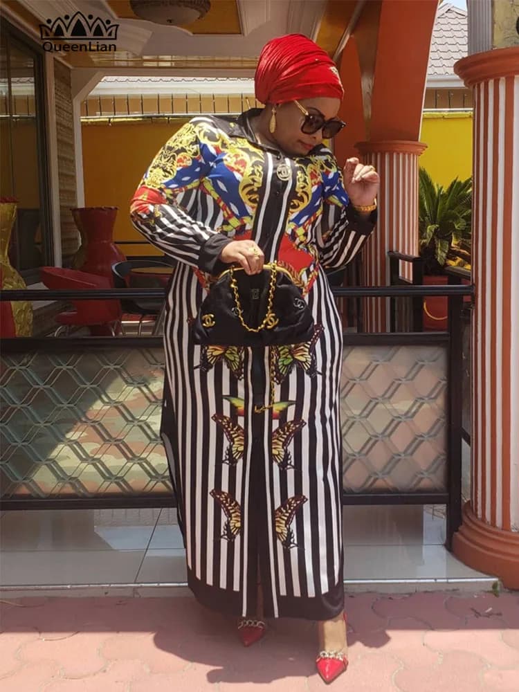 2021 New Fashion Shirt Collar With Black Belt Elastic Material Dashiki Traditional  Dress For Lady（SK01#）