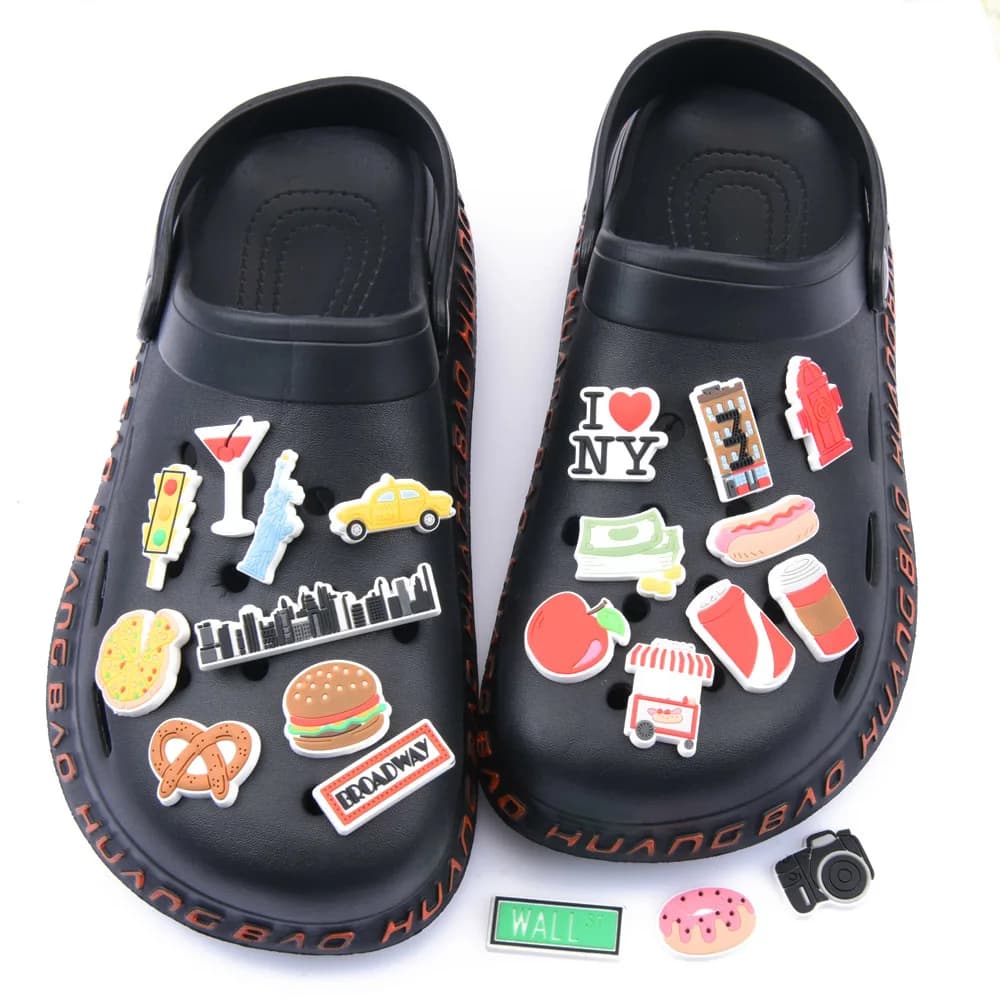 Hot Sale 1 Pcs Shoe Charms American New York Classic Logo Shoes Decorations Pizza Hamburger Hot Dog Bracelet Accessories