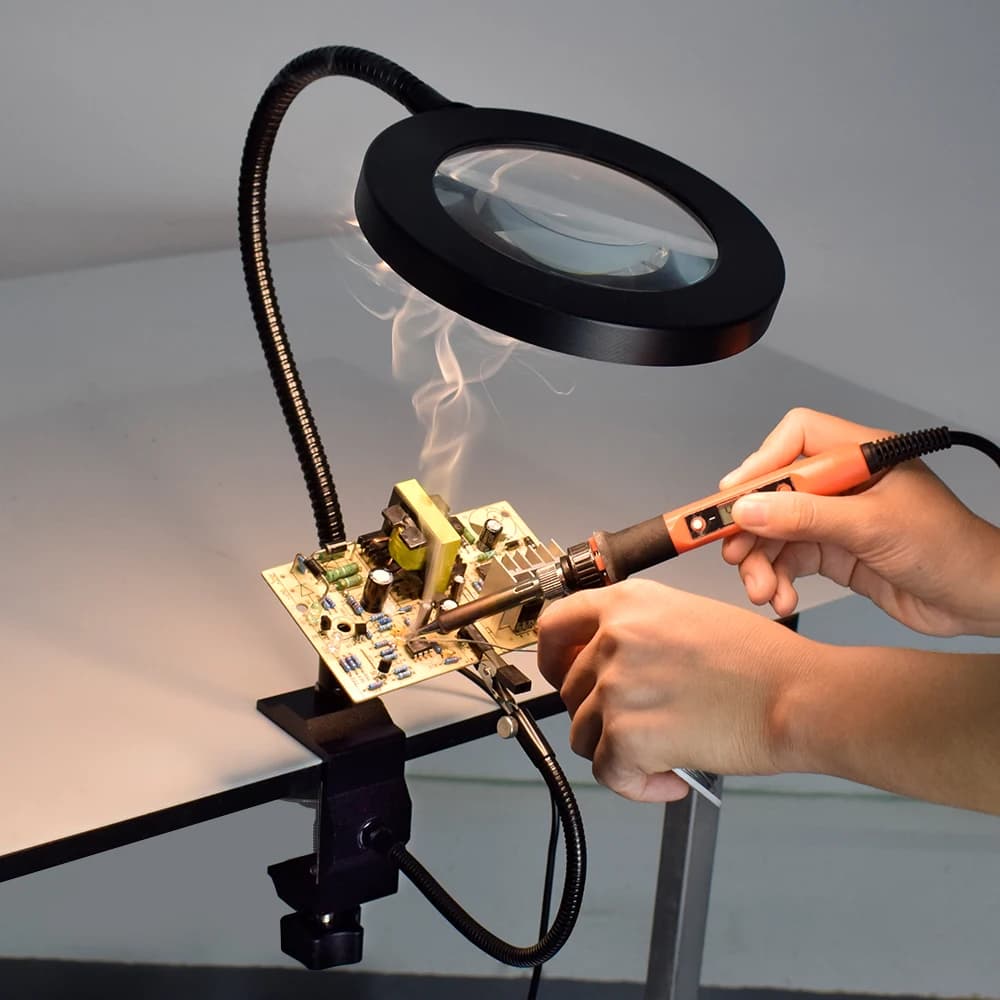 NEWACALOX 5X USB LED Magnifier with 2pc Flexible Arms Soldering Holder Illuminated Magnifying Glasses Welding Third Hand Tool