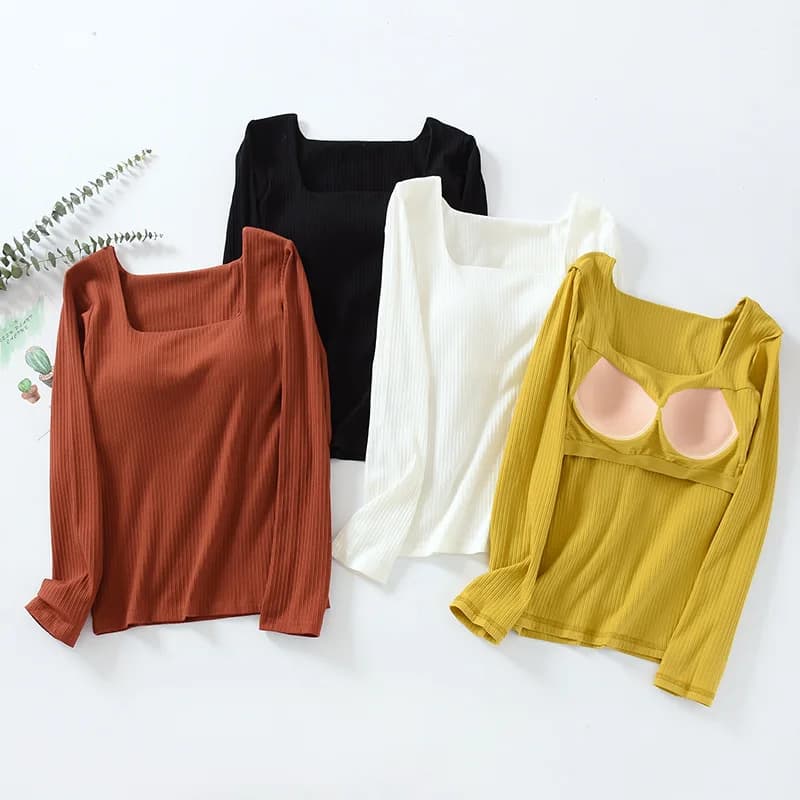 Fdfklak Cotton Square Collar One-Piece Long-Sleeve Chest Pad Pajamas Women Spring Autumn Sleepwear Bottoming Shirt Sleep Tops