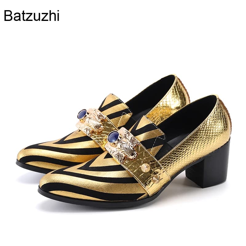 Batzuzhi 7.5cm High Heels Fashion Men Shoes Slip on Golden/Grey Leather Dress Shoes for Men's Party and Wedding, Big Sizes 38-46
