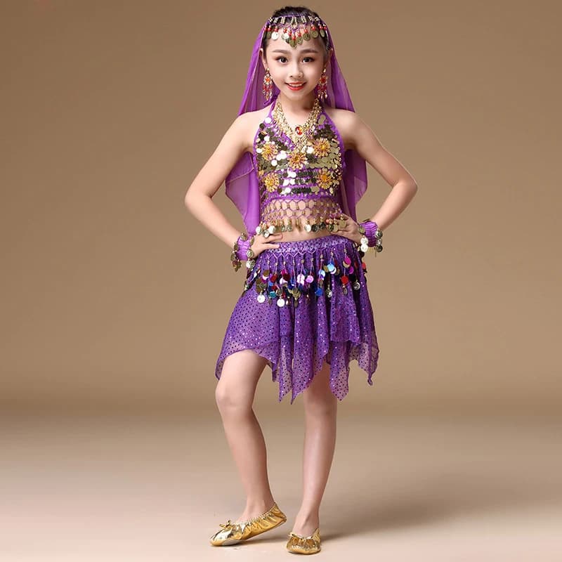 4-8 Years Children Dance Wear India Sari Clothes Coins Waistband Belly Dance Costumes Set 4 pieces (Top, skirt, veil, bracelets)