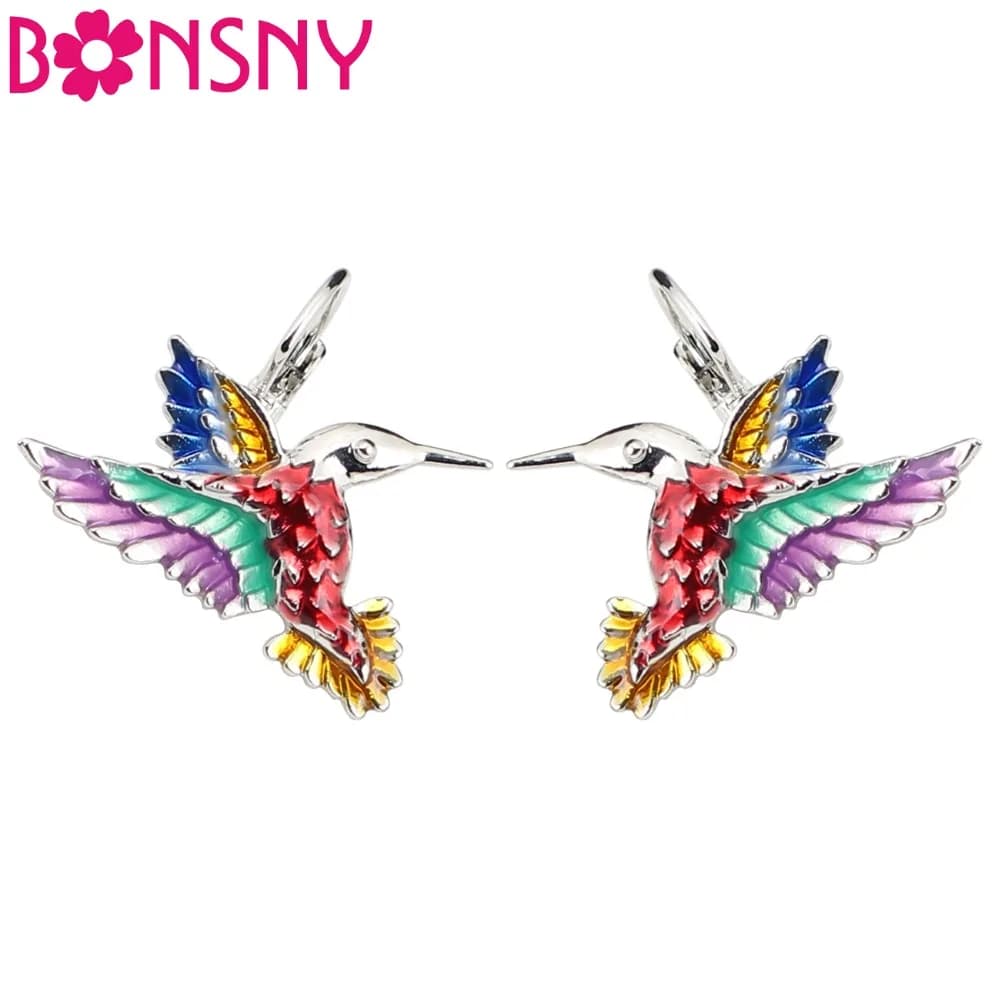 Bonsny Enamel Alloy Floral Hummingbird Eagle Stud French Clip Earrings Fashion Animal Jewelry For Girls Women Ladies Accessories