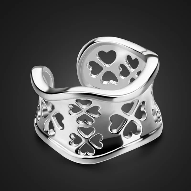 New fashion retro hollow pattern ring. Solid 925 sterling silver 13mm wide face female adjustable size. Clover silver jewelry