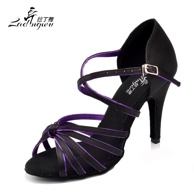 Ladingwu New Salsa Dance Shoes Purple/Red Latin Dancing Shoes woman Satin Soft Bottom Ballroom Dance Shoes Heel 6/7.5/8.5/10cm