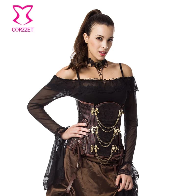 Corzzet High Quality Fashion Brown Underbust Gothic Corset Womens Chain Steampunk Corsets And  Bustiers Lingerie Plus Size 6XL