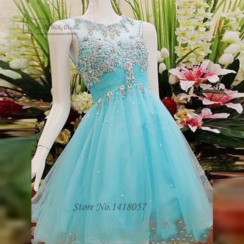 Blue Short Prom Dresses Lace Crystals Halloween Modest Homecoming Dresses 2016 Party Dress for Graduation Vestidos de Baile