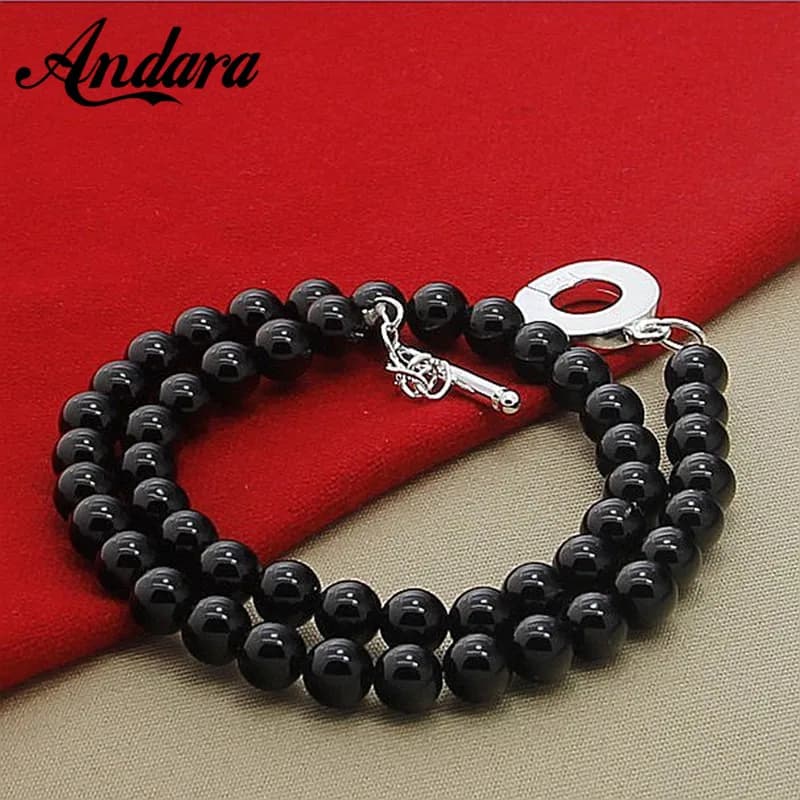 New Trendy 925 Sterling Silver Round Black Pearl Necklaces Women Men Jewelry Wedding Party Gift