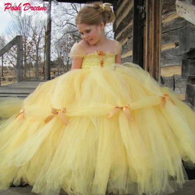 POSH DREAM Beauty and The Beast Belle Princess Girls Cosplay Costume Yellow Gold Belle Princess Children Girls Tutu Dresses