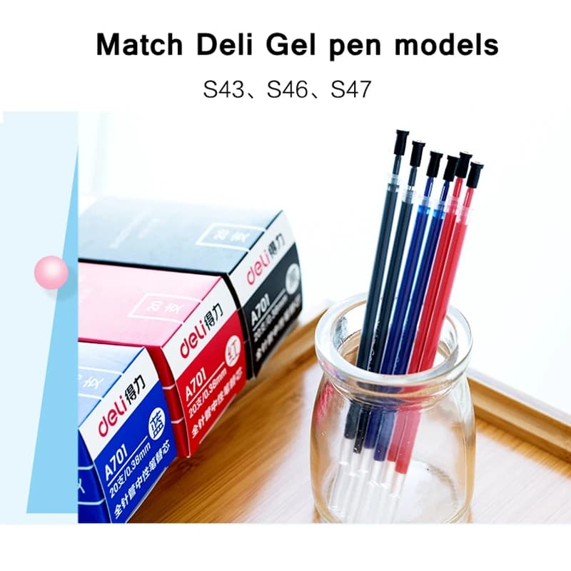 20PCS/LOT Deli A701# 0.38mm Gel Pen Refill 129mm Length Whole Needle Black Red Colors Optional Replacment Pen Refill