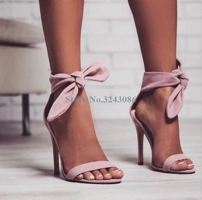 Pink Yellow Faux Suede Single Strap Thin High Heel Sandals Ankle Strap Concise Summer Shoes Buckle Knot Sweet Summer Women Shoe