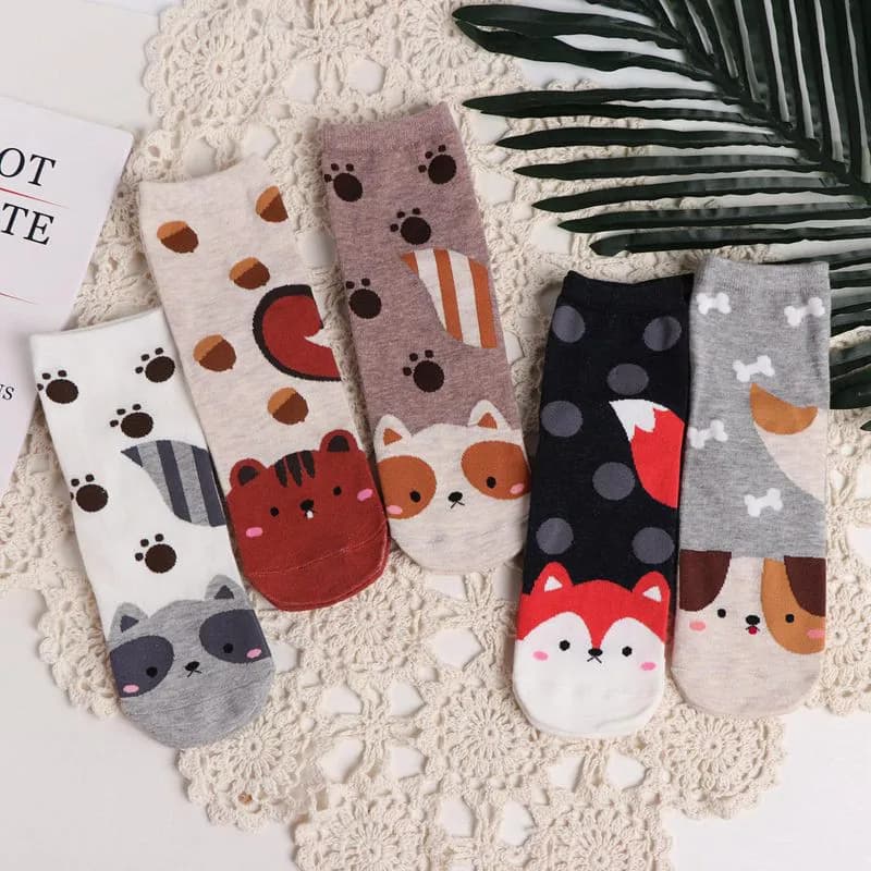 SP&CITY 5 Pairs Cartoon Kawaii Women Short Socks Cute Animal Patterned Cotton Ankle Socks Student Casual Printed Socks Female