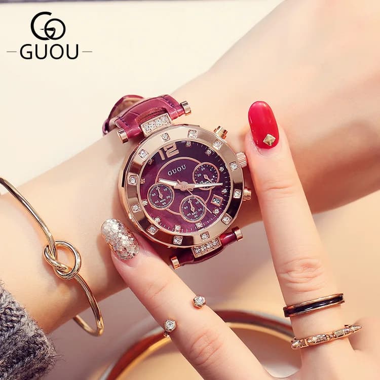 2018 GUOU Top Brand Fashion Luxury Women's Watches Ladies Watch Women Bracelet For Calendar Clock Leather relogio feminino saat