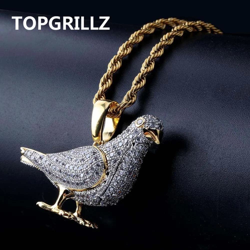 TOPGRILLZ New Style Iced Out Gold Color Plated Two Tone Micro Pave Zircon Pigeon Pendant Necklace Hip Hop Jewelry for Men Women