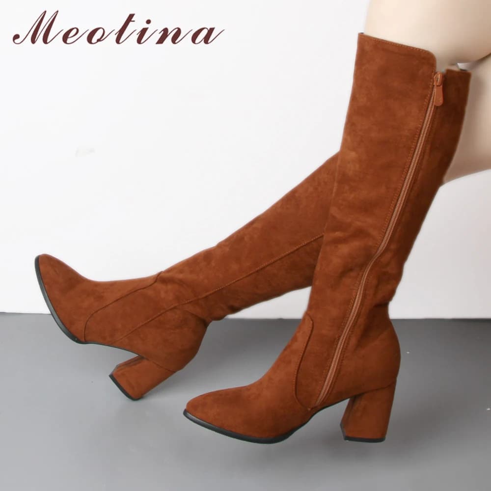 Meotina Winter Knee High Boots Women Thick High Heel Boots Pointed Toe Boots Zipper Ladies Long Shoes Black Brown Big Size 33-46