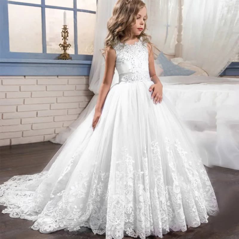 Trailing White Lace Kids Wedding Dress For Girls First Communion Evening Bridesmaid Dresses Children Girl Princess Party Dresses