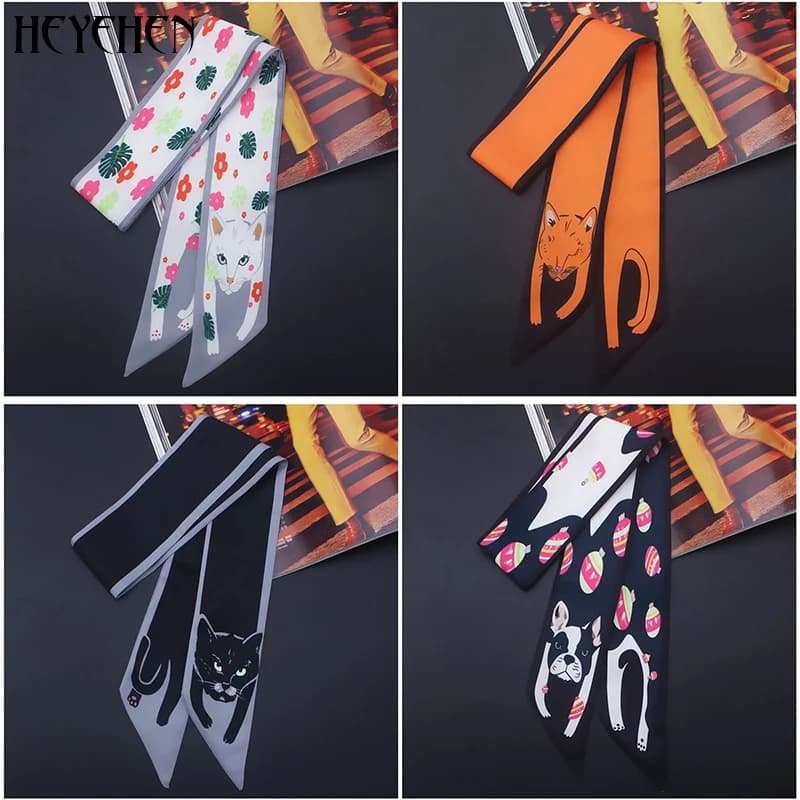 New Design Luxury Brand Cat Animal Print Skinny Small Bag Twill Silk Scarf Women Foulard Fashion Ribbon Head Hair Handle Scarf
