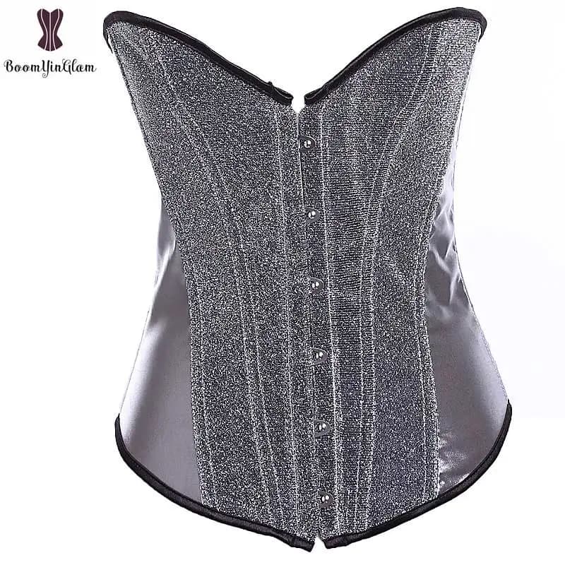 Silver Corset Simple Overbust Korset Fish Boned Waist Slimming Bustier Gorset Twinkle Corsets Sexy Costume Outwear Korsett Women
