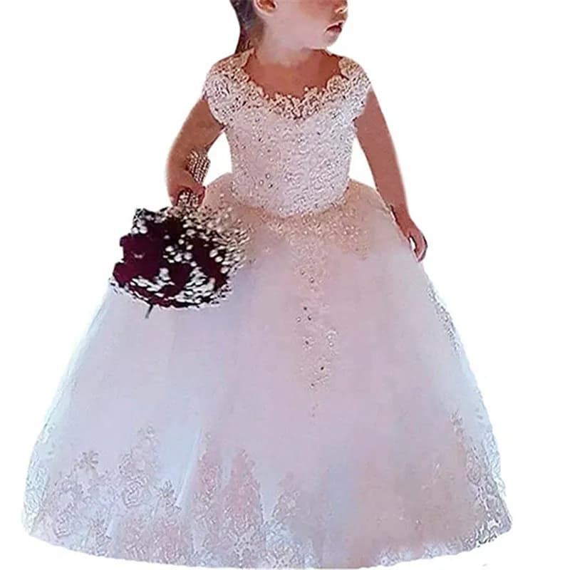 Sleeveless Ball Gown Princess Flower Girls Dresses Appliques with Beaded Stunning Cute Girls First Communion Dress White