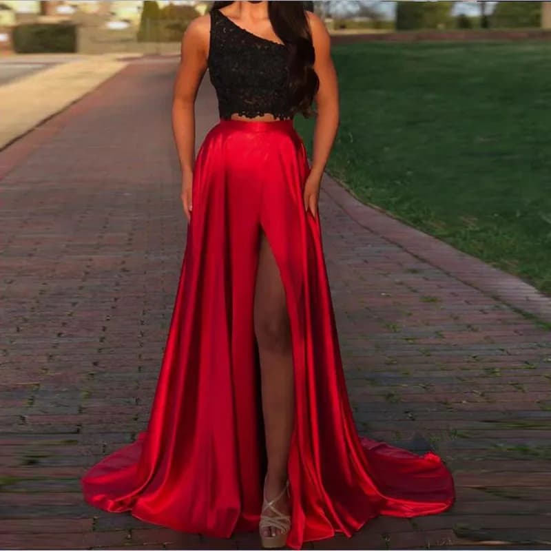 Fashion Burgundy High Waist Long Skirts Sexy Side Slit Elastic Satin Floor Length Party Formal Skirt For Women Maxi Skirt Custom