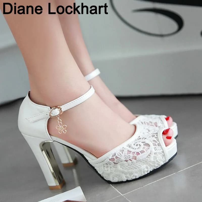 women Summer lace mesh shoes Fish Mouth high heel ladys platform sandals evening dress wedding shoes 2023 zapatos de mujer 43