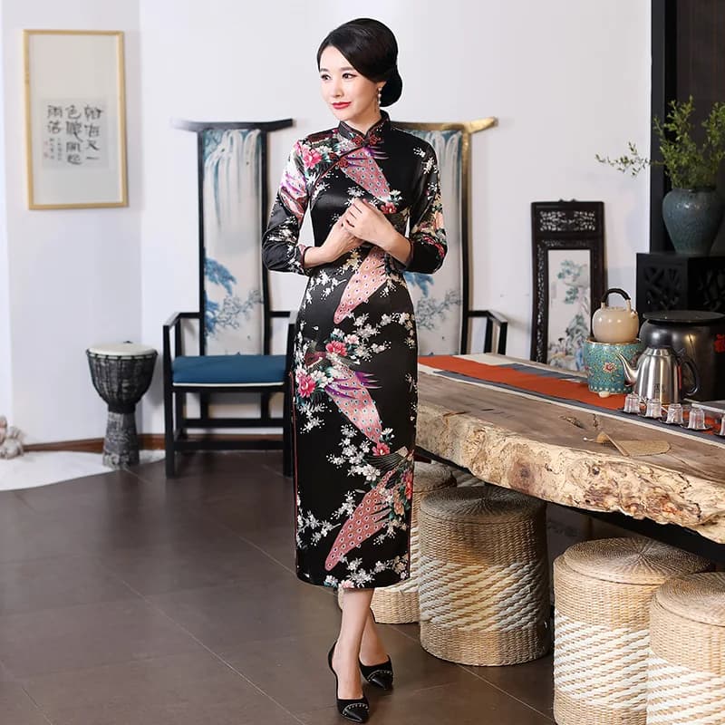 Chinese National Spring Cheongsam Long Dress Peacock Floral Vintage Silk Long Sleeve Dresses
