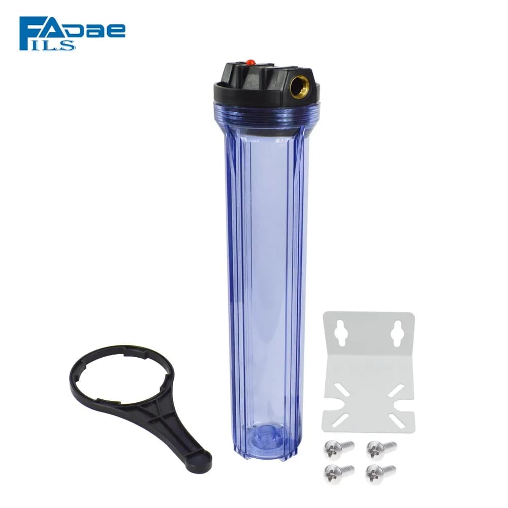 Whole House 20-Inch Standard Slim Line 2.5" x 20" Clear Filter Housing 3/4-Inch Brass port include bracket, wrench and screws