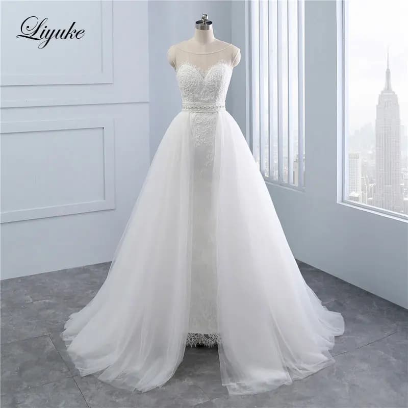 Liyuke High Quality Simple 2 In 1 Mermaid Bride Gown Appliques Lace Beaded Crystals Sashes Elegant Sleeveless Wedding Dress