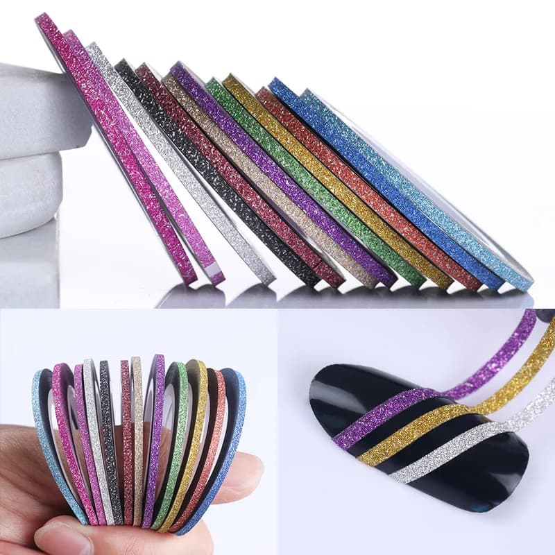 12 Rolls 2mm Matte Glitter Nail Striping Tape Line Rainbow Multi Color Styling Tool Sticker Decal  DIY Decoration