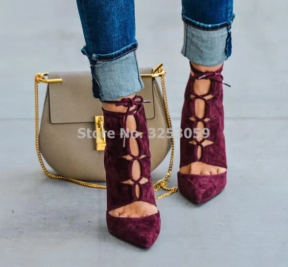 Sexy Women Wine Red Suede Pointed Toe Pumps Lace-up Hollow Out High Heels Unique Brand Office Lady Cut-out Burgundy Dress Shoes