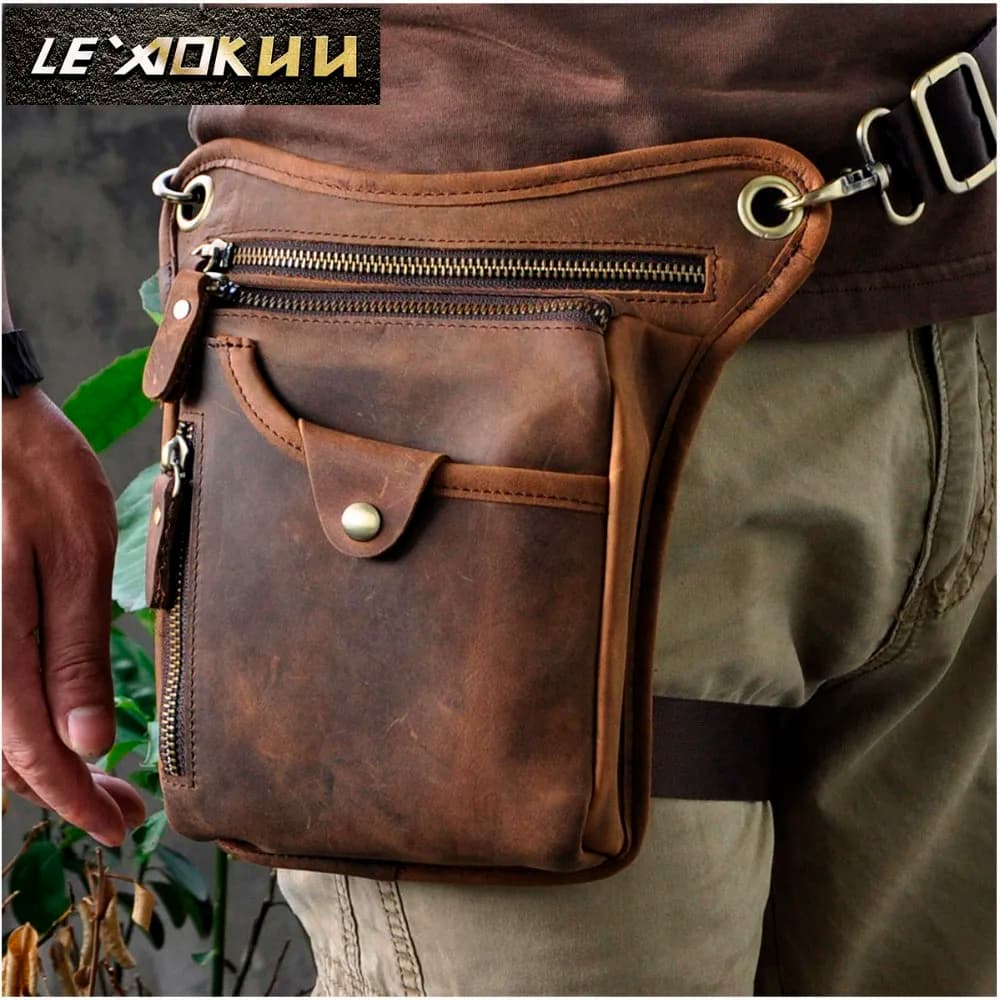 Genuine Real Leather Men Design Casual Messenger Crossbody Sling Bag Fashion Waist Belt Pack Leg Drop Bag Phone Pouch 211-5