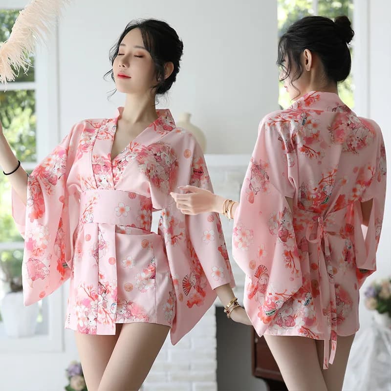 Sakura Girl Kimono Dress Japanese Style Yukata Bathrobe Women Floral  Print Haori Japan Uniform Cosplay Costume Party Short Gown