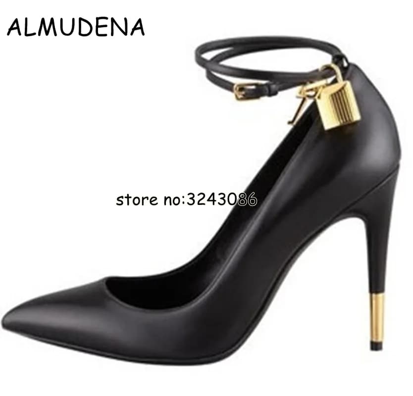 Sexy Pointed Toe Gold Padlock Chain Ankle Strap Ladies High Heels Snakeskin Ladies Dress Shoes Women Patent Leather Pumps