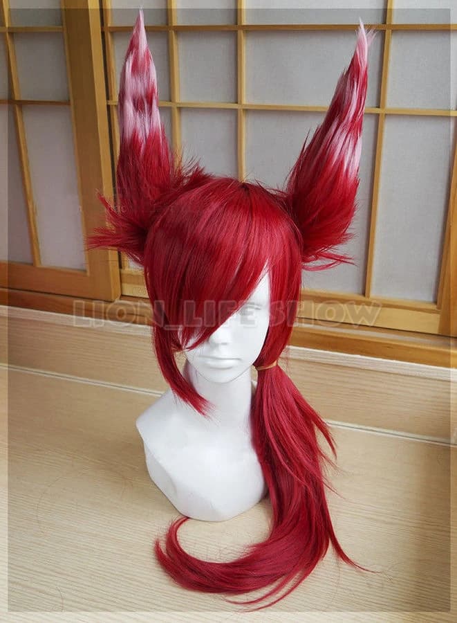 Xayah Wig Ears  New 136th Champion LOL Cosplay Red Ponytail