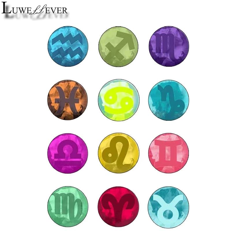 10mm 14mm 16mm 12mm 20mm 25mm 400 12pcs/lot Zodiac Mix Round Glass Cabochons Jewelry Findings 18mm Snap Button Charm Bracelet