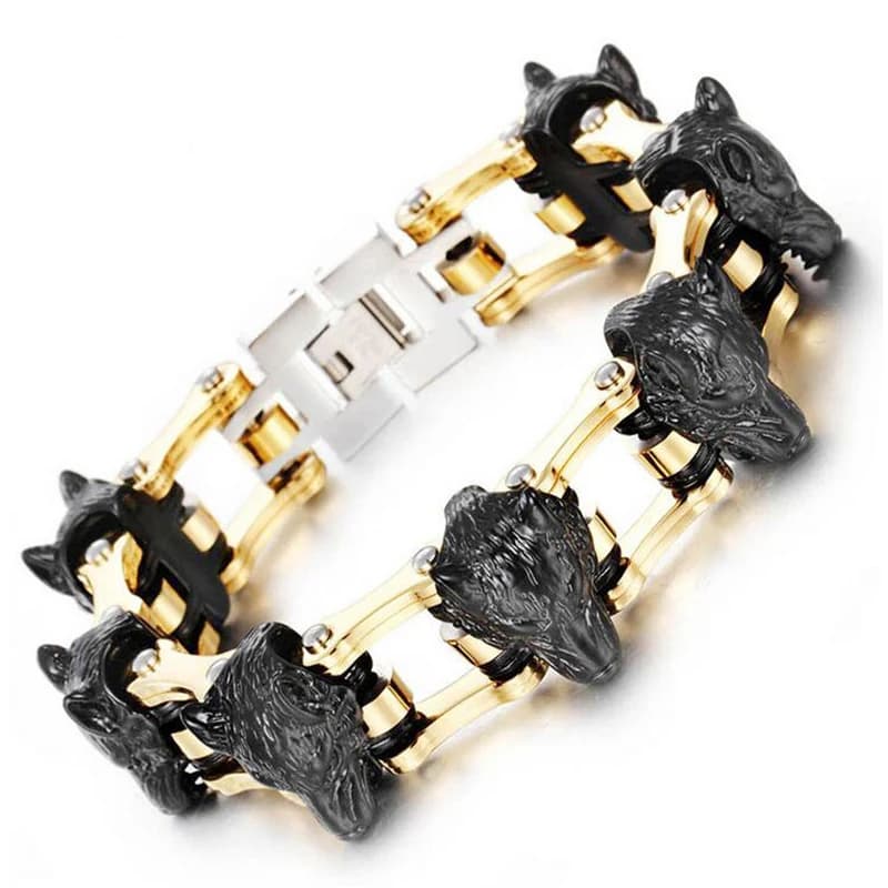 21mm Punk Gold Color Viking Wolf Bracelet Men Hiphop Black Stainless Steel Bicycle Bike Biker Chain Lion Head Bracelets Jewelry