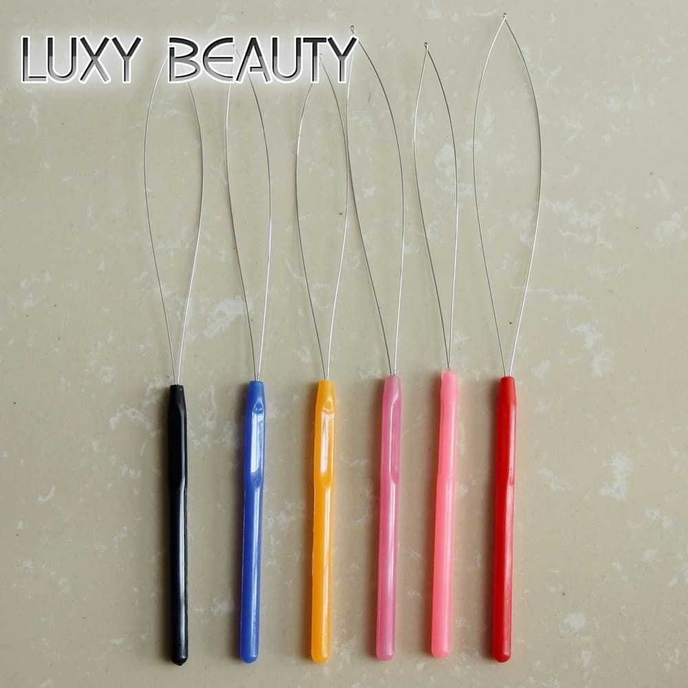 12pcs mix color Plastic Handle Hook Loop Threader 6 Colors For Micro Loop Hair Nano Ring Beads Fusion Hair Extensions needles