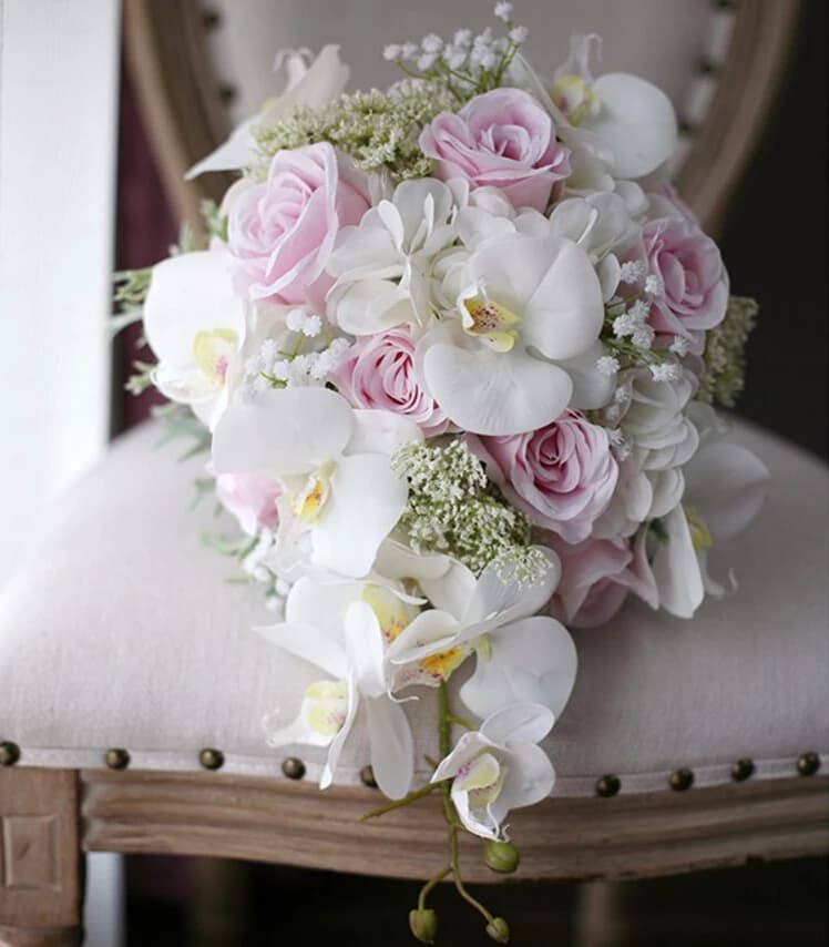 New Vintage Artificial Flowers Waterfall Wedding Bouquets Ivory Pink Cascading Bridal Bouquets De Mariage Roses Orchid 2018 Hot