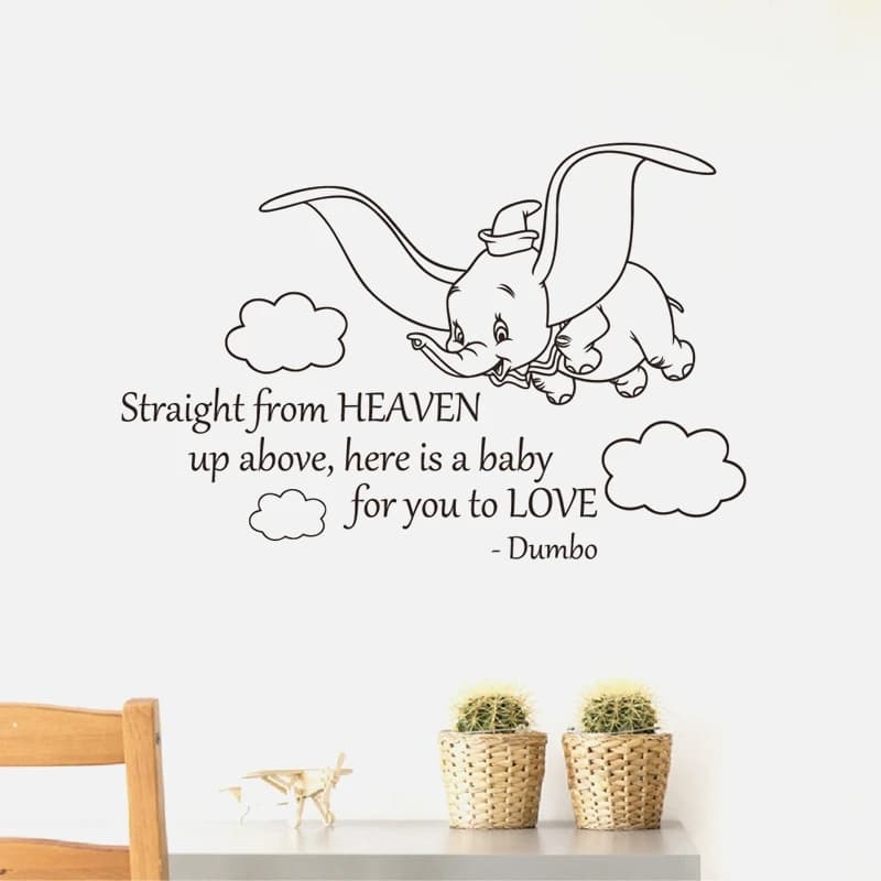 Straight From Heaven Lettering Dumbo Quote Wall Art Decal Cute Elephant Vinyl Art Sticker Baby Room Nursery Mural Wall Art Decor