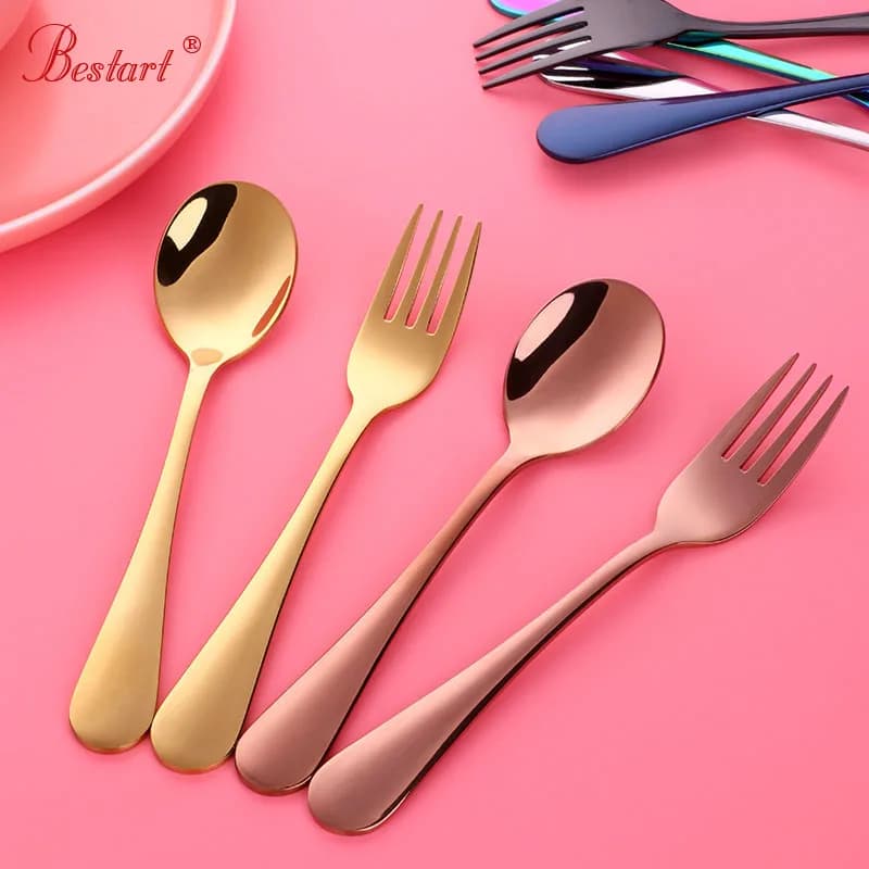 2PC Kids portable cutlery Rainbow tableware Set Stainless food safety lovely children spoon fork  gold  Toddler Utensils
